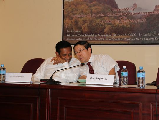 Vice President Feng Zuoku exchanging views with Minister of Irrigation and Water Resources at the Sri Lanka-China Friendship Forum